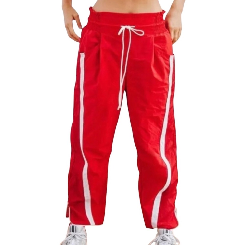 Free People FP Movement Champ Is Here Red White Stripe Nylon Track Pants Joggers